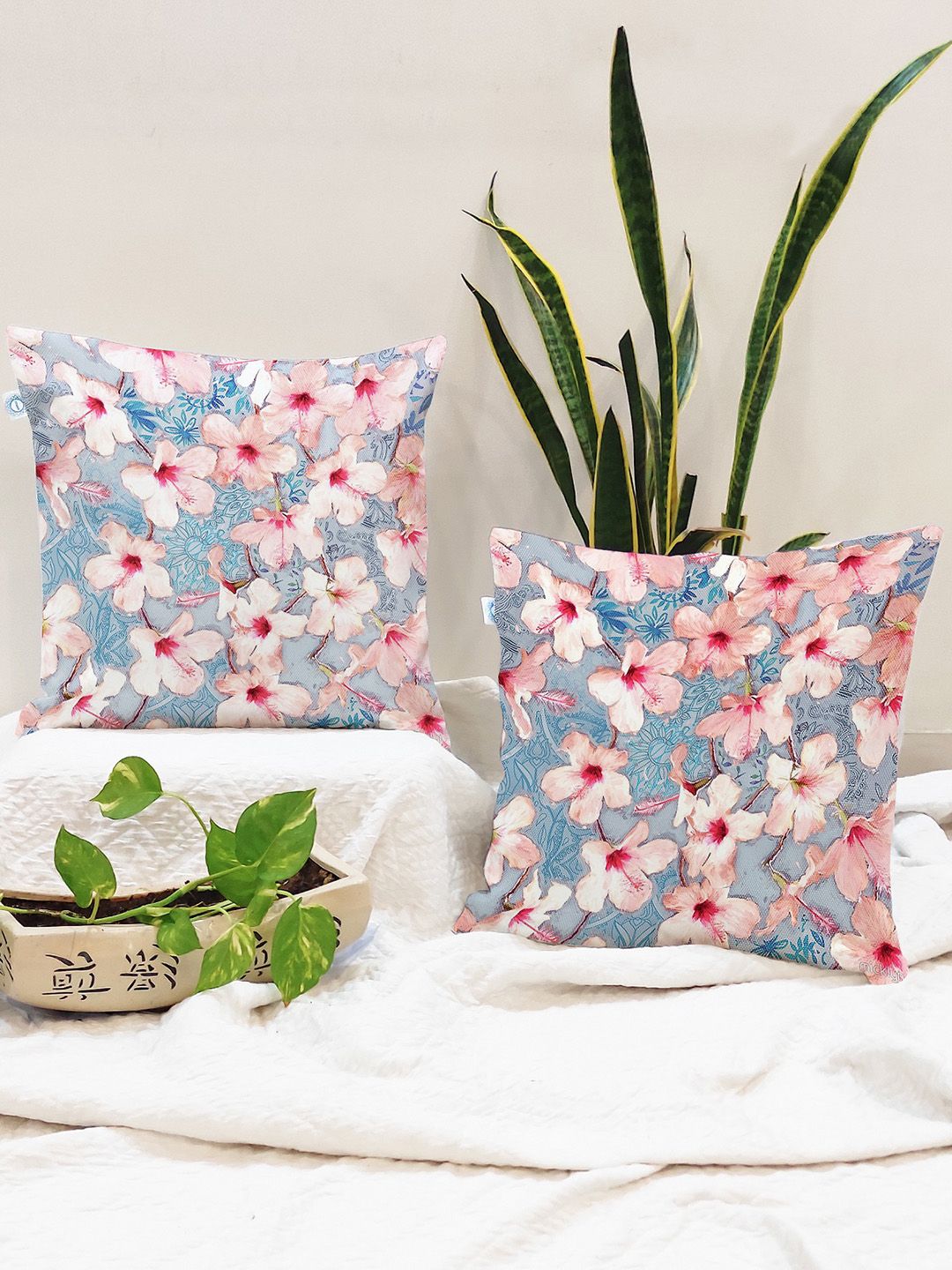 STITCHNEST Pink & Blue Set of 2 Floral Square Cushion Covers