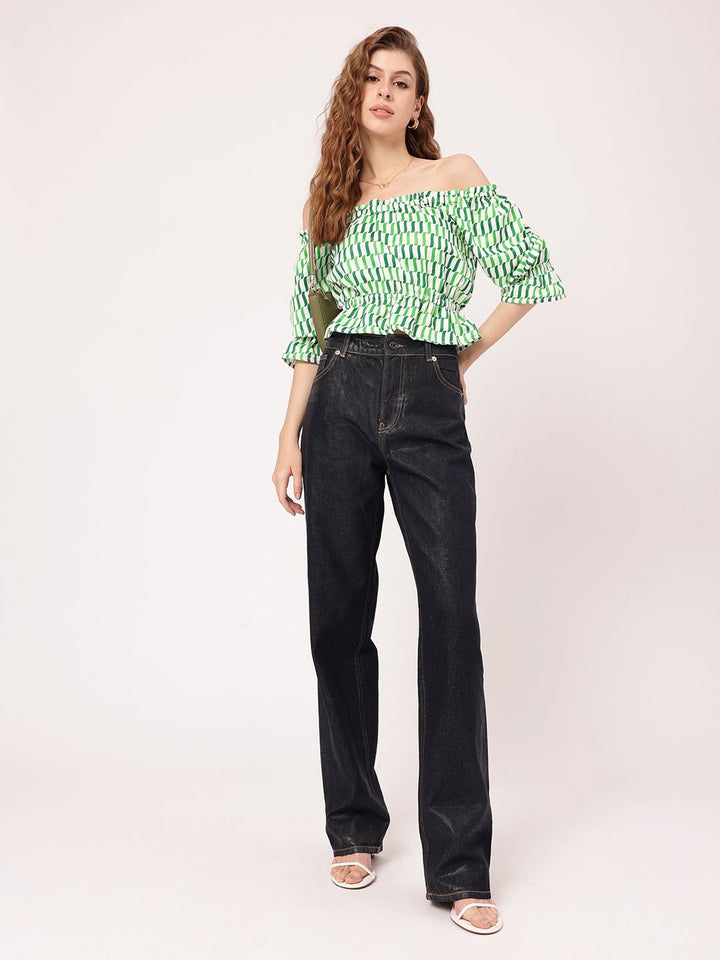 Tranquility Charm Printed Off-Shoulder Peplum Crop Top