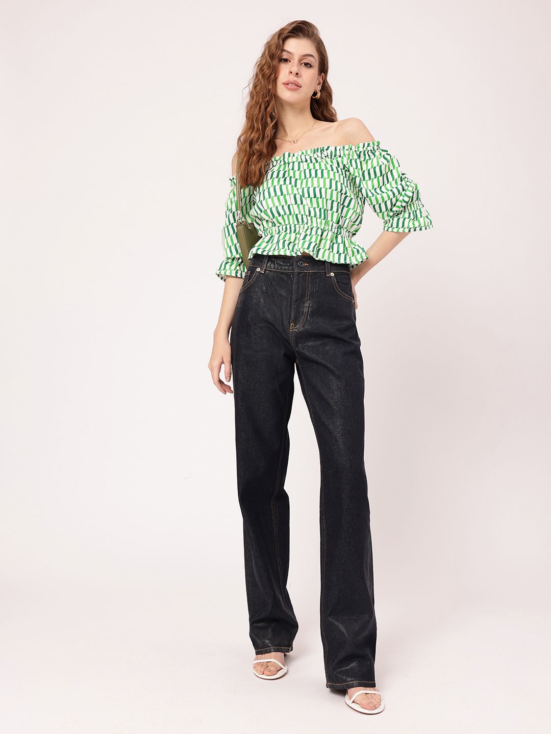 Tranquility Charm Printed Off-Shoulder Peplum Crop Top