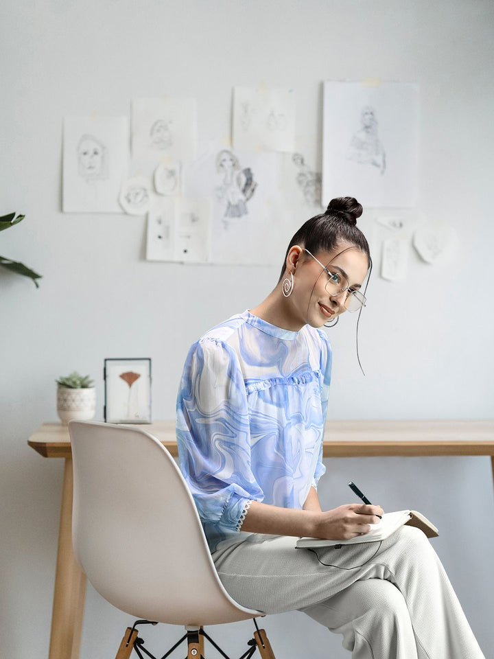 AND Women Blue and White Printed Mandarin Collar Shirt Style Top