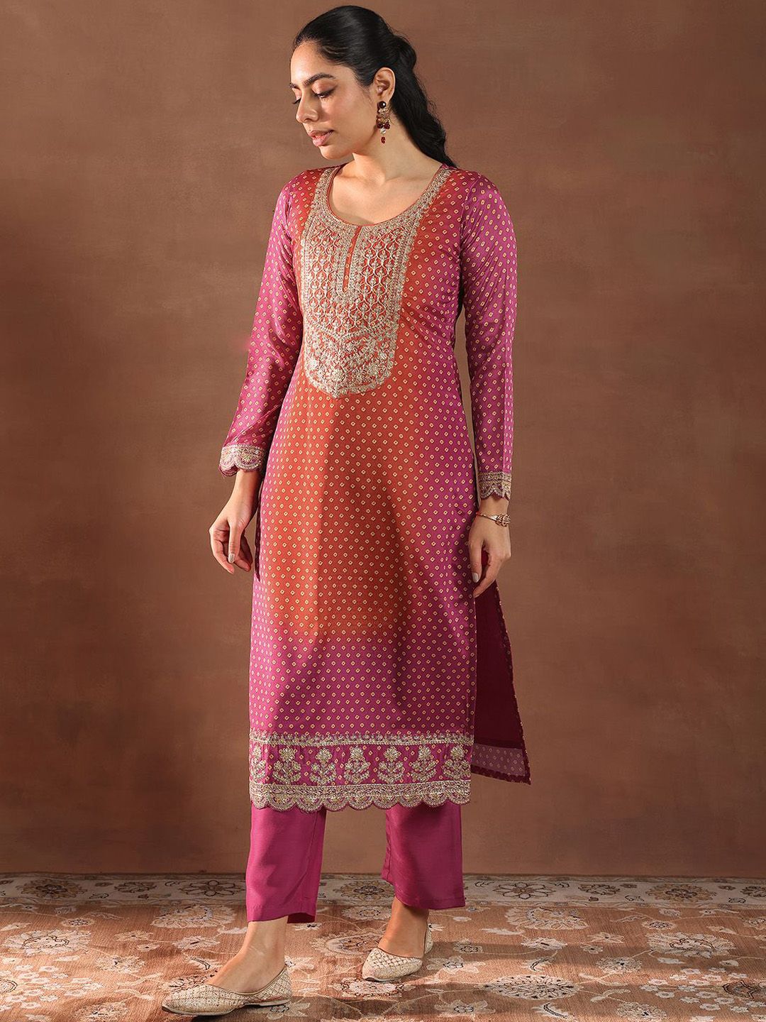 Libas Women Bandhani Printed Regular Kurta with Trousers & With Dupatta