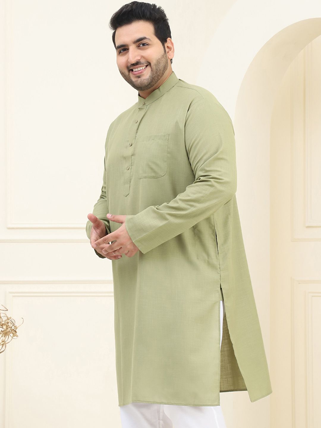 SOJANYA PLUS Lelaki Plus Size Green Solid Kurta Lurus