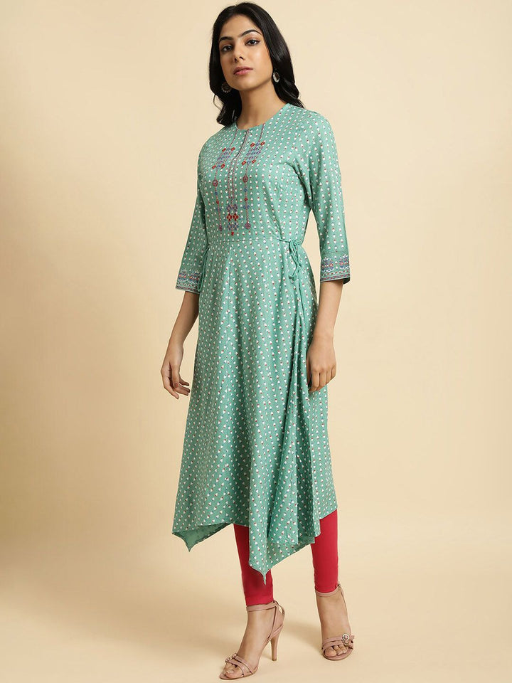 W Sea Green & Red Ethnic Printed Keyhole Neck Thread Work Asymmetric A-Line Kurta