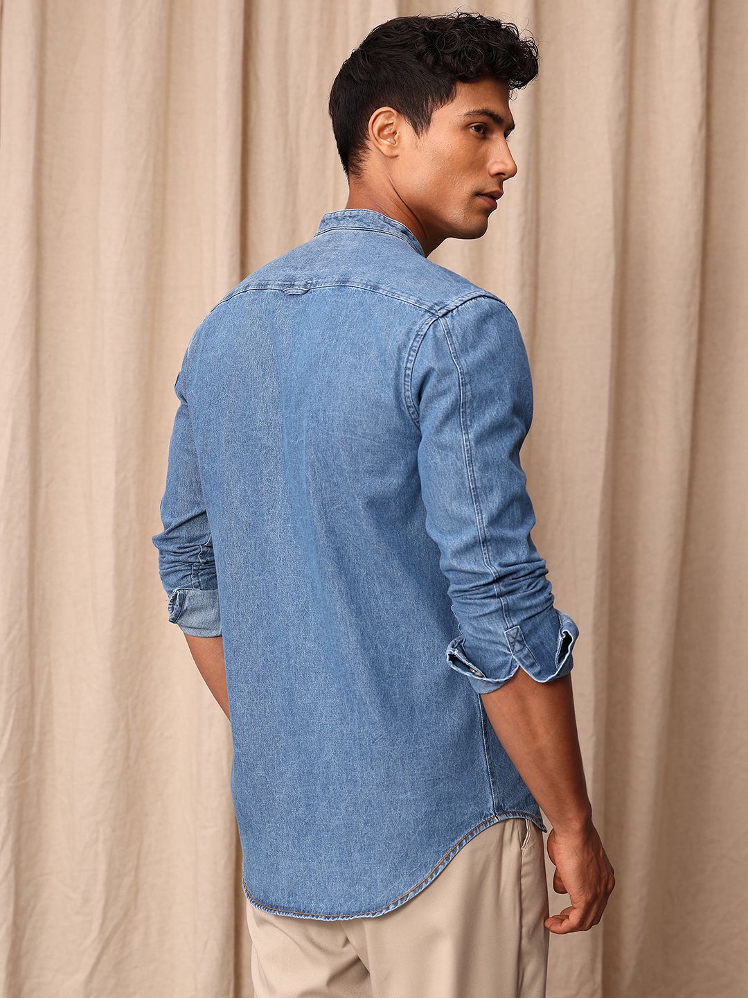 Mr Bowerbird Pure Cotton Tailored Fit Band Collar Floral Embroidered Chambray Casual Shirt