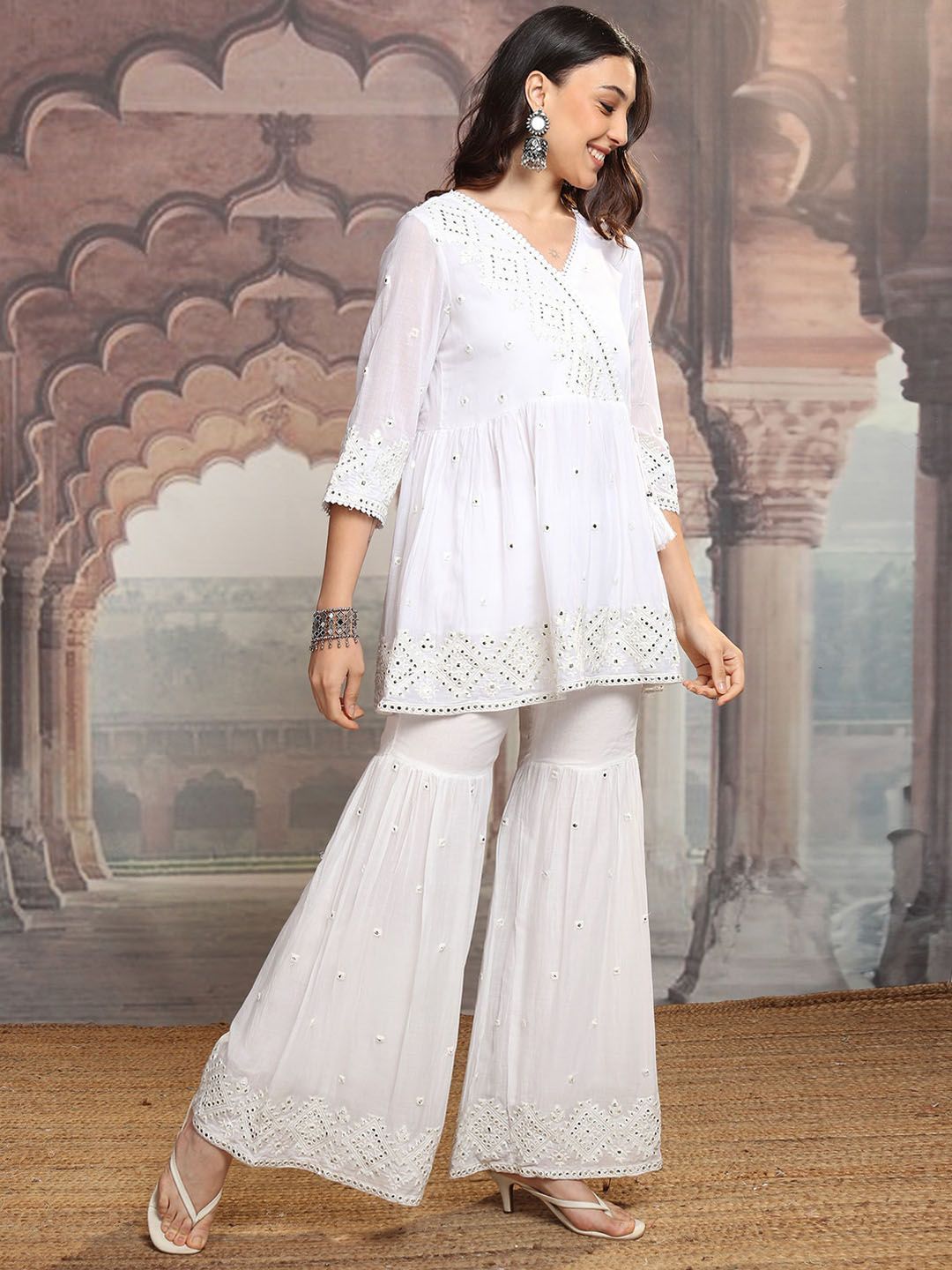 Vishudh White Embroidered Mirror Work Pure Cotton Kurta With Sharara & Dupatta