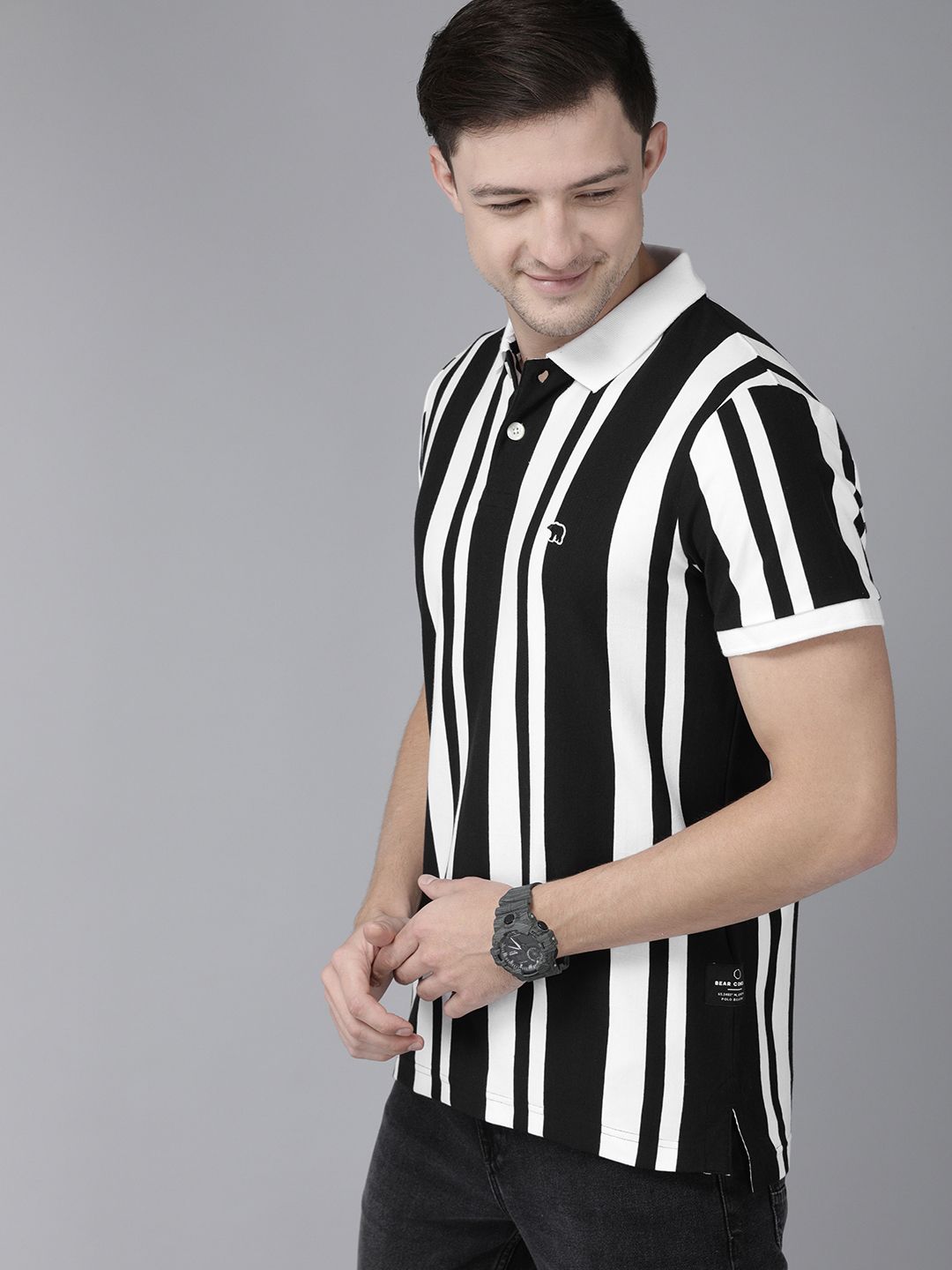THE BEAR HOUSE Men Black  White Striped Polo Collar Slim Fit Pure Cotton T-shirt
