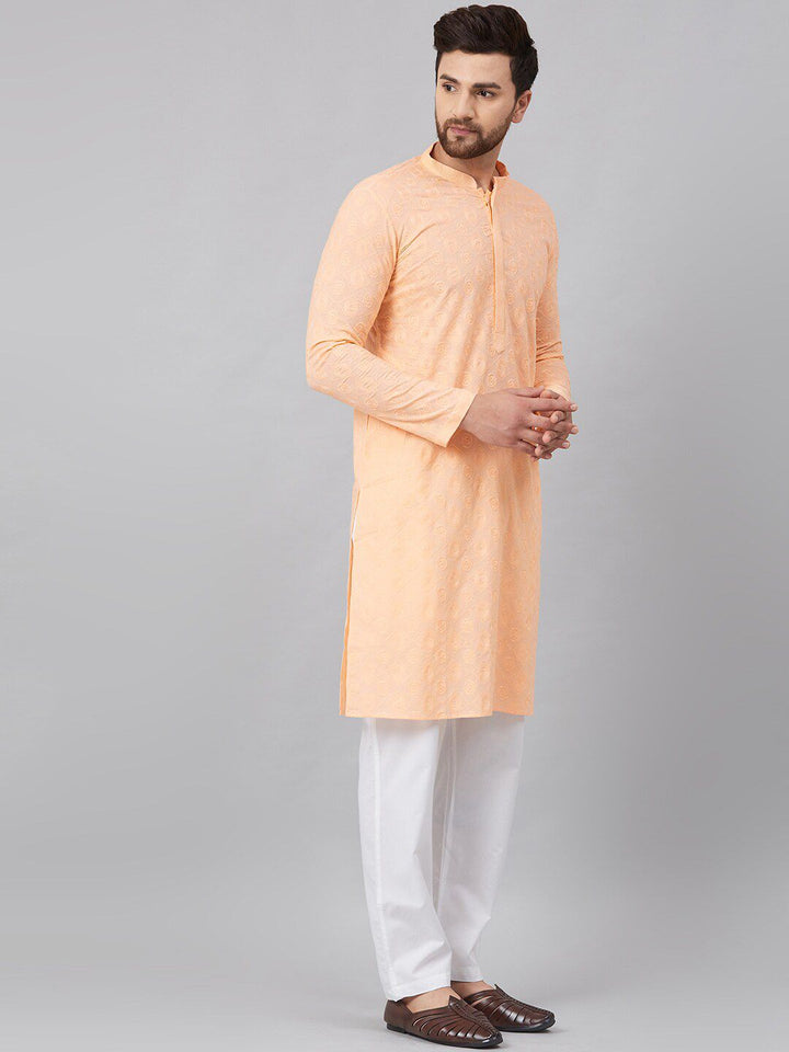 See Designs Men Peach-Coloured Thread Work Kurta