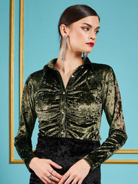 SASSAFRAS Olive Green Slim Fit Velvet Ruched Party Shirt