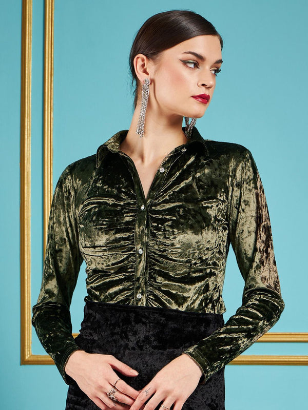 Sassafras Zaitun Hijau Slim Fit Velvet Ruched Pesta