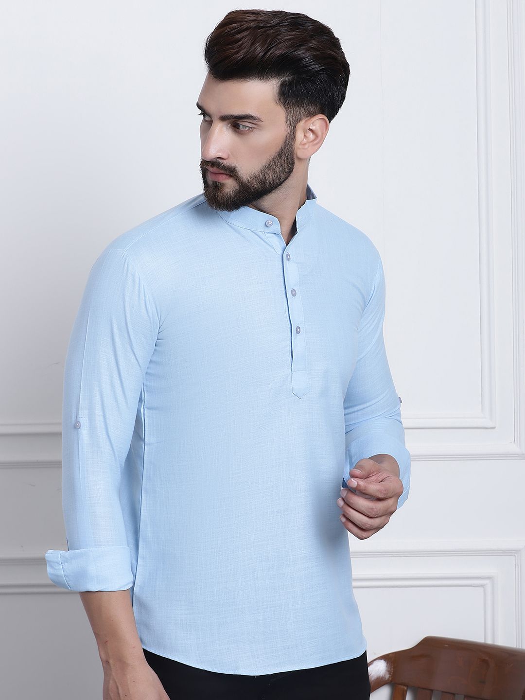 Anug by SOJANYA Men Blue Band Collar Kurta