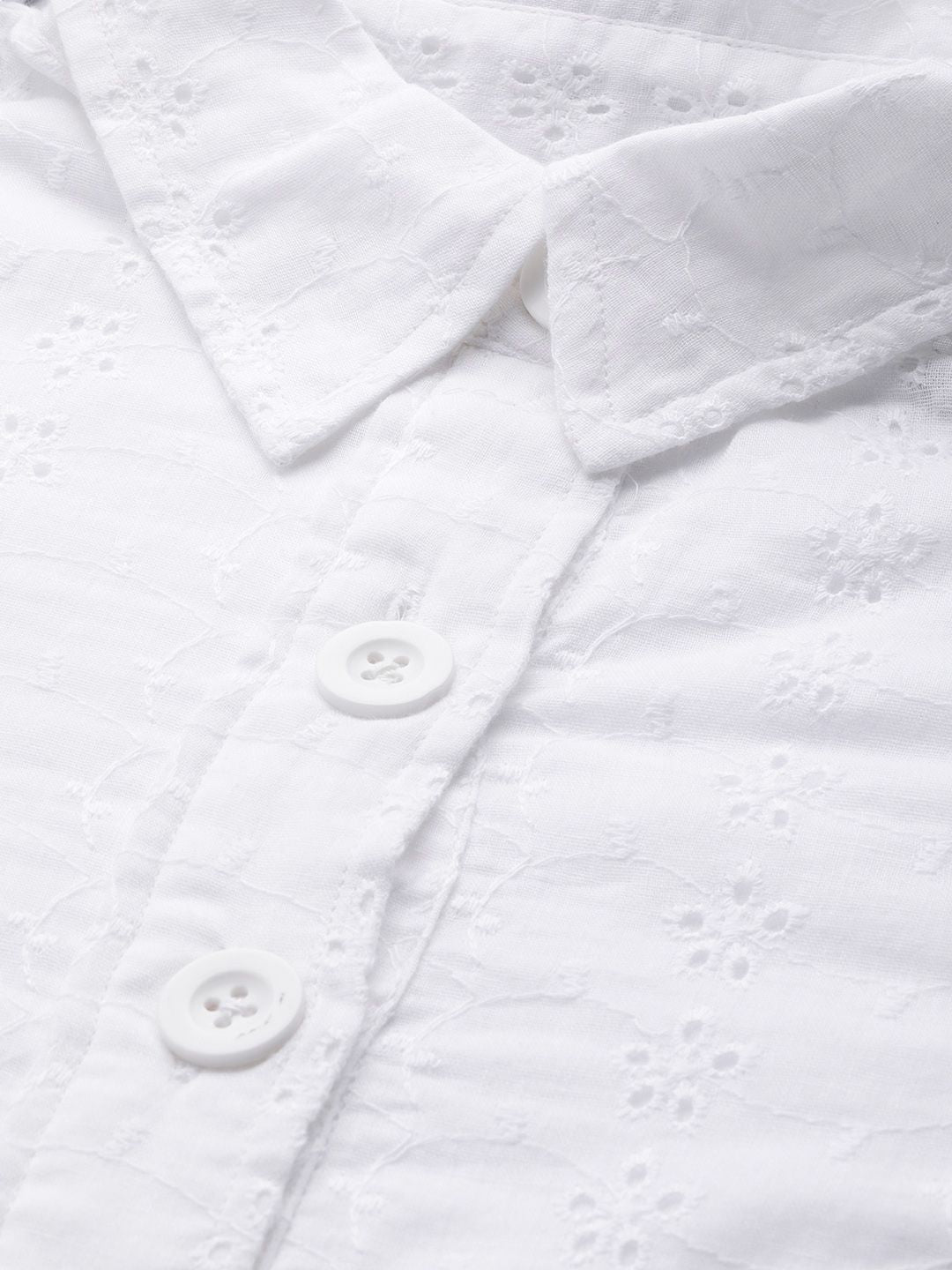 SASSAFRAS Women White Schiffli Embroidered Shirt Dress