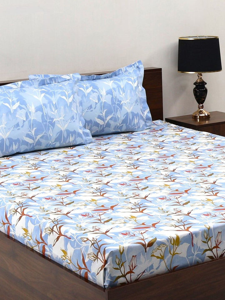 BOMBAY DYEING Blumen Blue Floral 104 TC Cotton Queen Bedsheet Set-2.24 m X 2.54 m