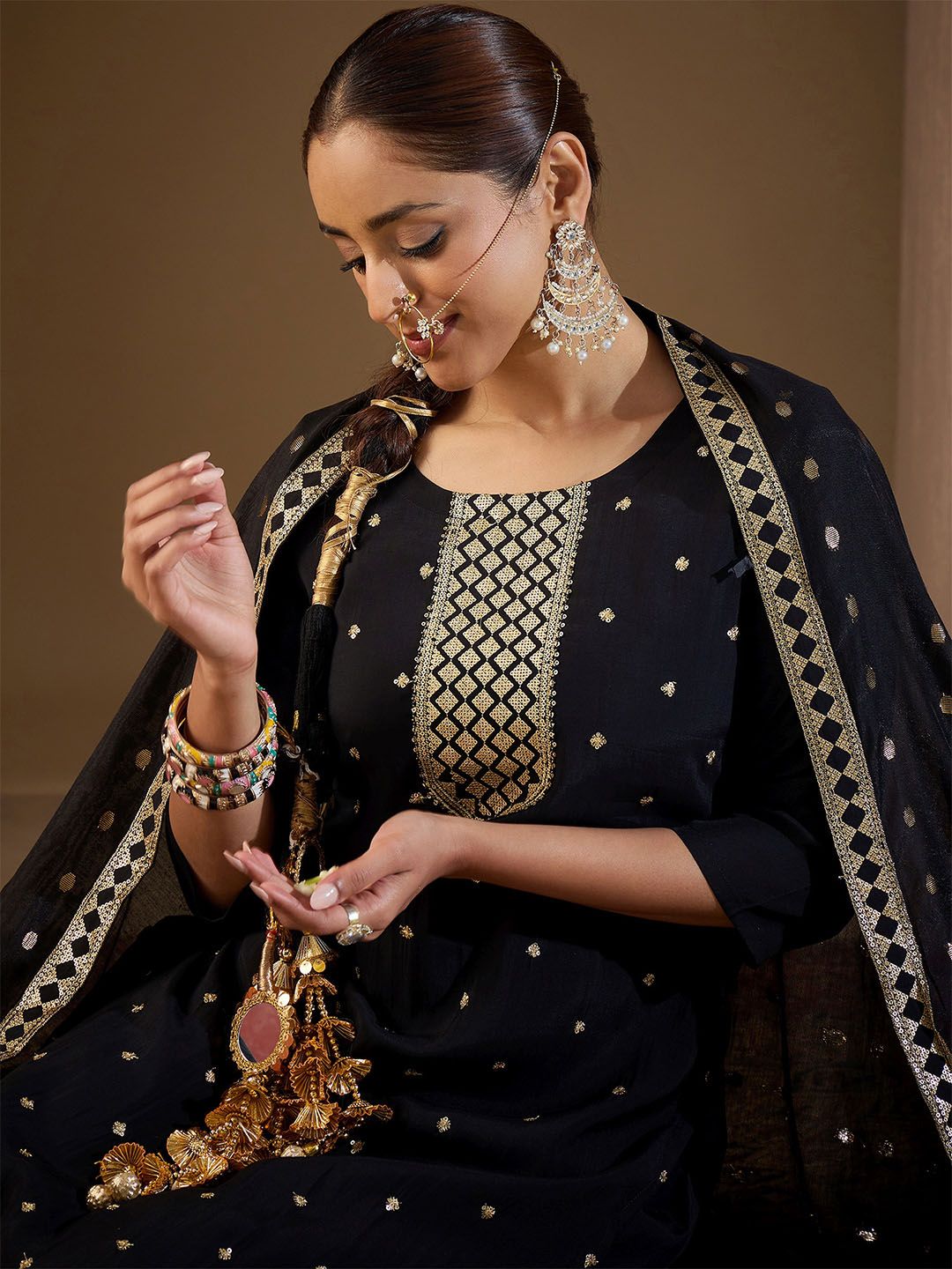 Indo Era Women Ethnic Motifs Embroidered Regular Sequinned Kurta with Trousers & With Dupatta