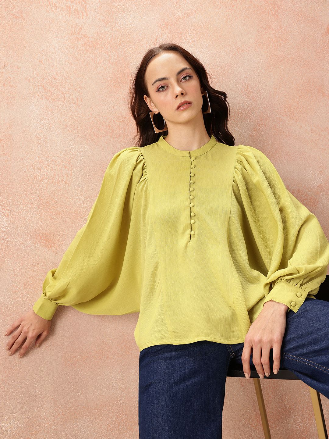all about you Mandarin Collar Bishop Sleeves Shirt Style Top