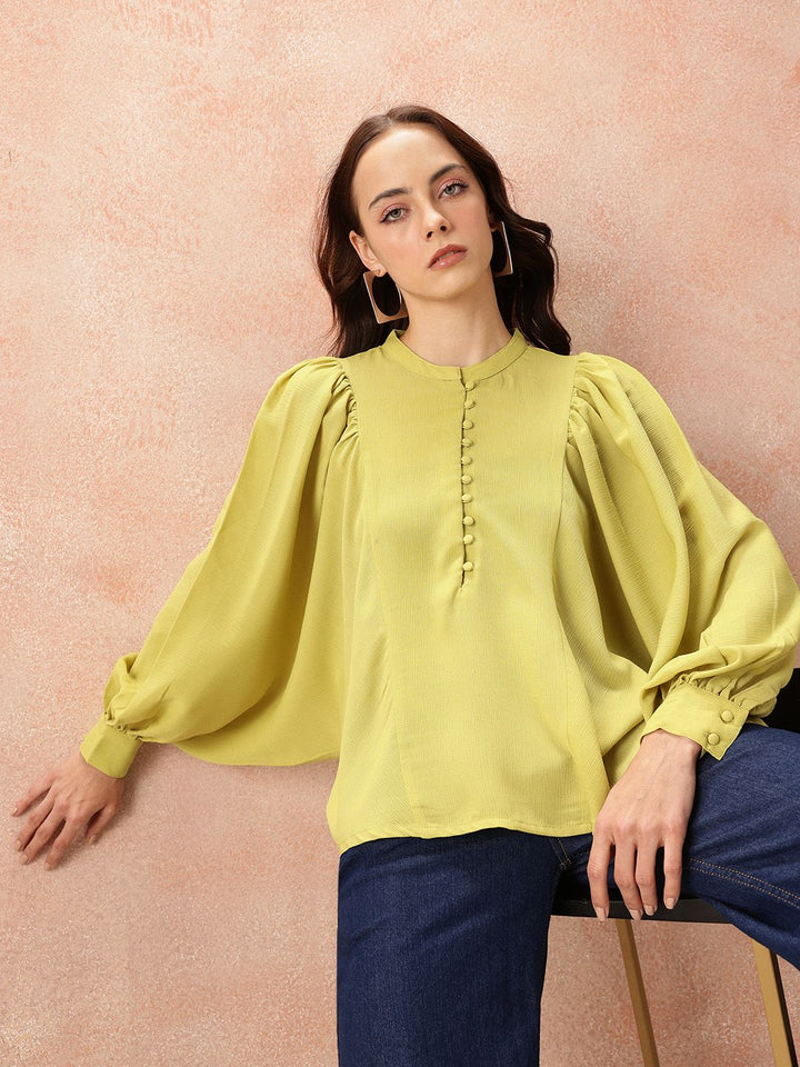 all about you Mandarin Collar Bishop Sleeves Shirt Style Top