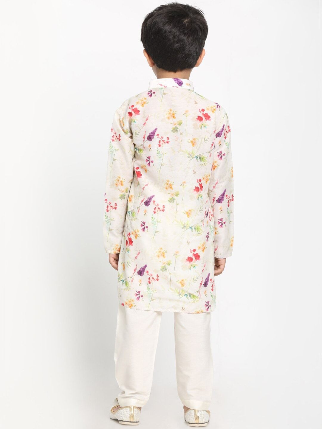 VASTRAMAY Boys Cream-Coloured Floral Printed Kurta with Pyjamas