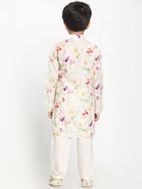 VASTRAMAY Boys Cream-Coloured Floral Printed Kurta with Pyjamas