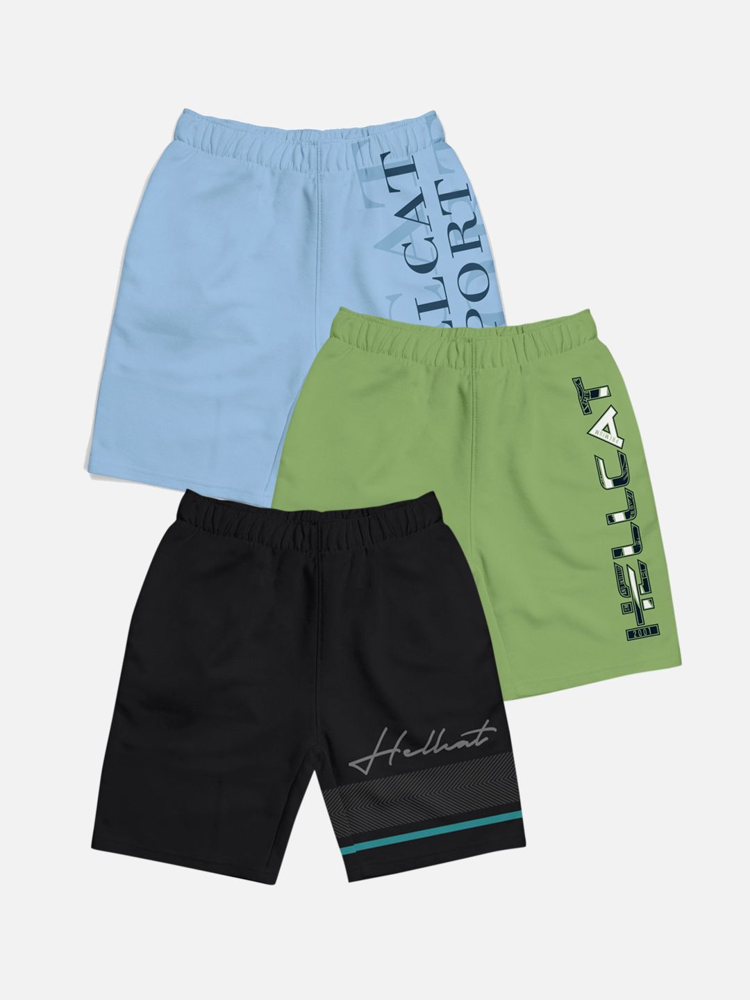 HELLCAT Boys Pack of 3 Trendy Typographic Printed Cotton Sports Shorts