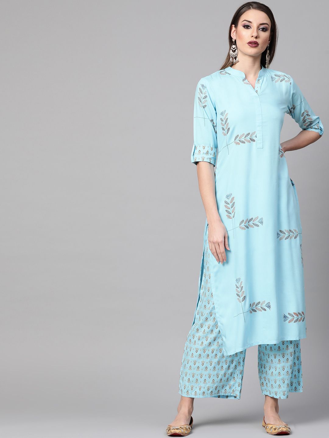 Gerua By Libas Women Blue  Mustard Yellow Block Print Kurta with Palazzos