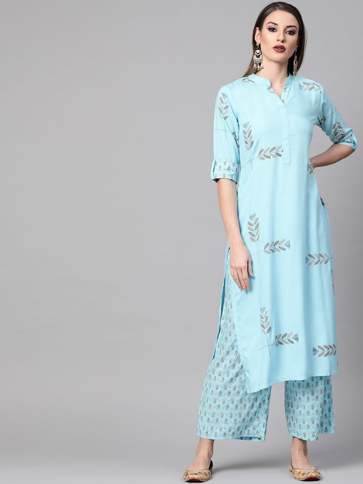 Gerua By Libas Women Blue  Mustard Yellow Block Print Kurta with Palazzos