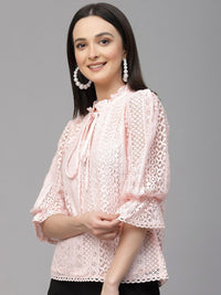 Style Quotient Self Design Tie-Up Neck Puff Sleeve Cotton Top