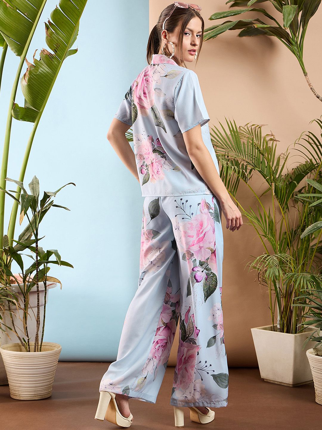 SASSAFRAS Blue Floral Printed Shawl Collar Top With Trousers