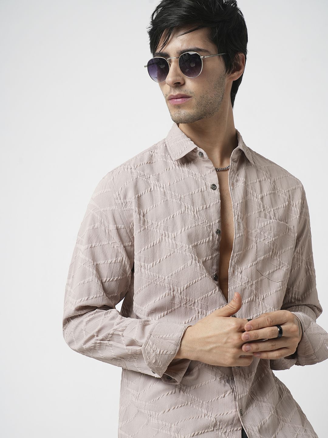 VASTRADO Men Classic Slim Fit Spread Collar Textured Casual Shirt