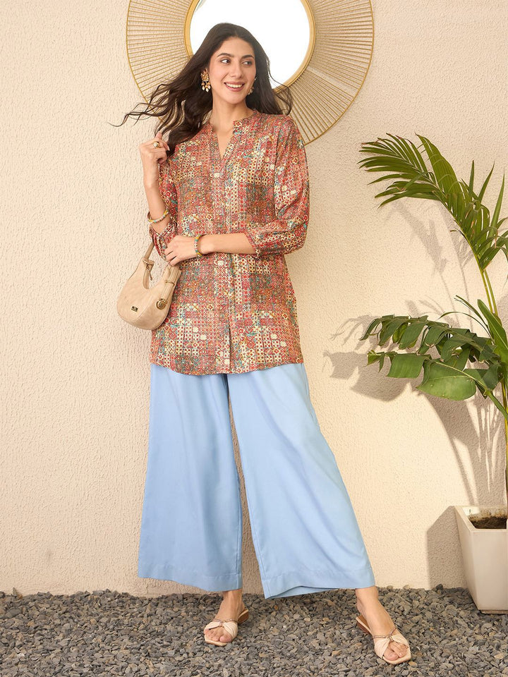 KALINI Print Mandarin Collar Top