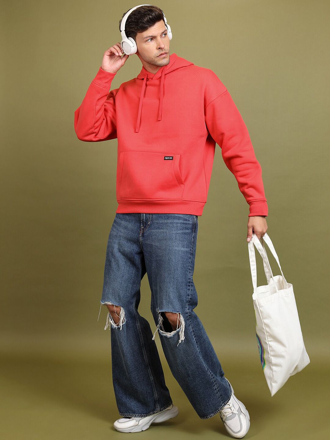 HIGHLANDER Red Hooded Drop Shoulder Sleeves Oversized Pullover Sweatshirt
