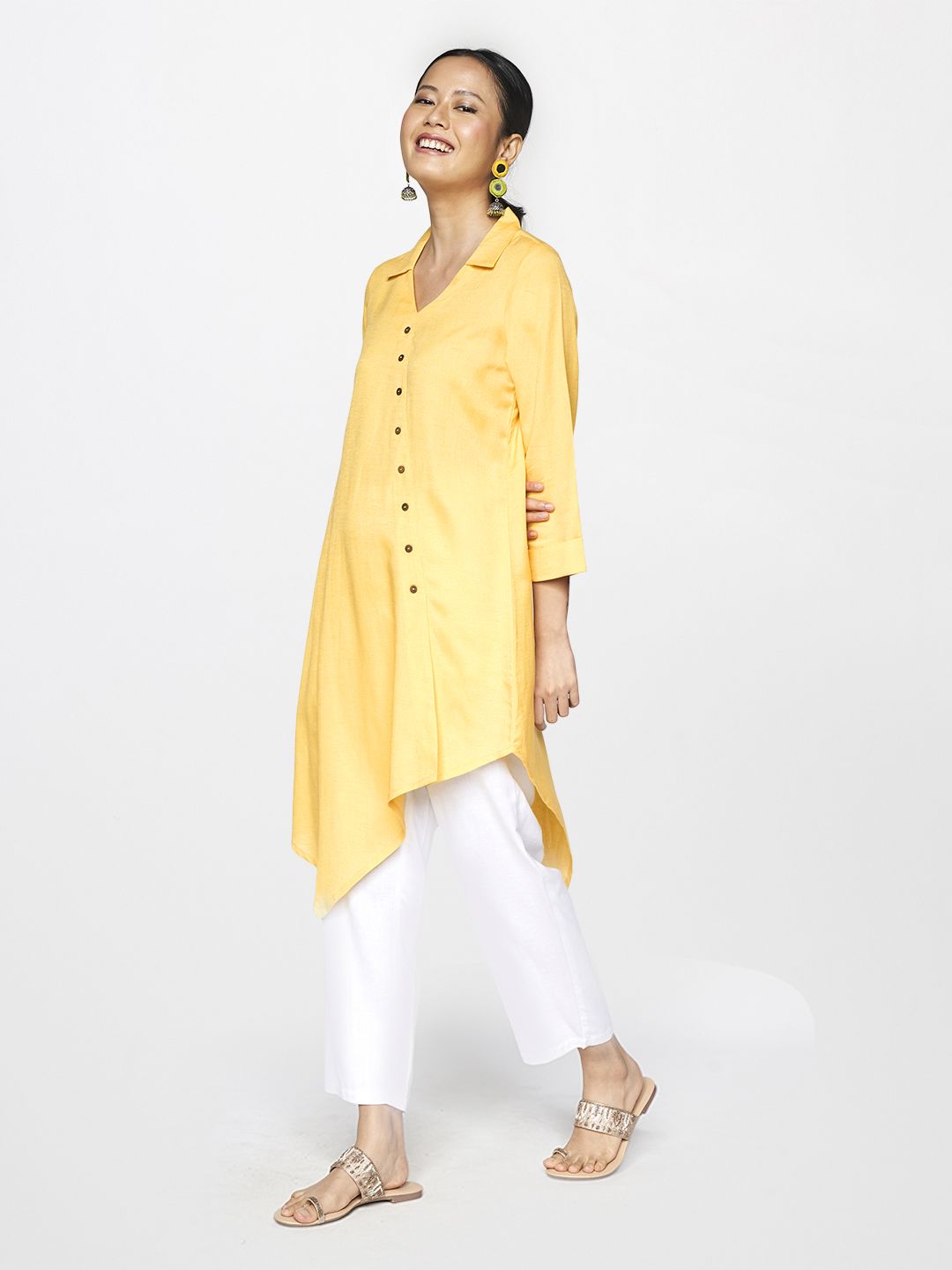 Global Desi Yellow Shirt Collar Asymmetric Tunic