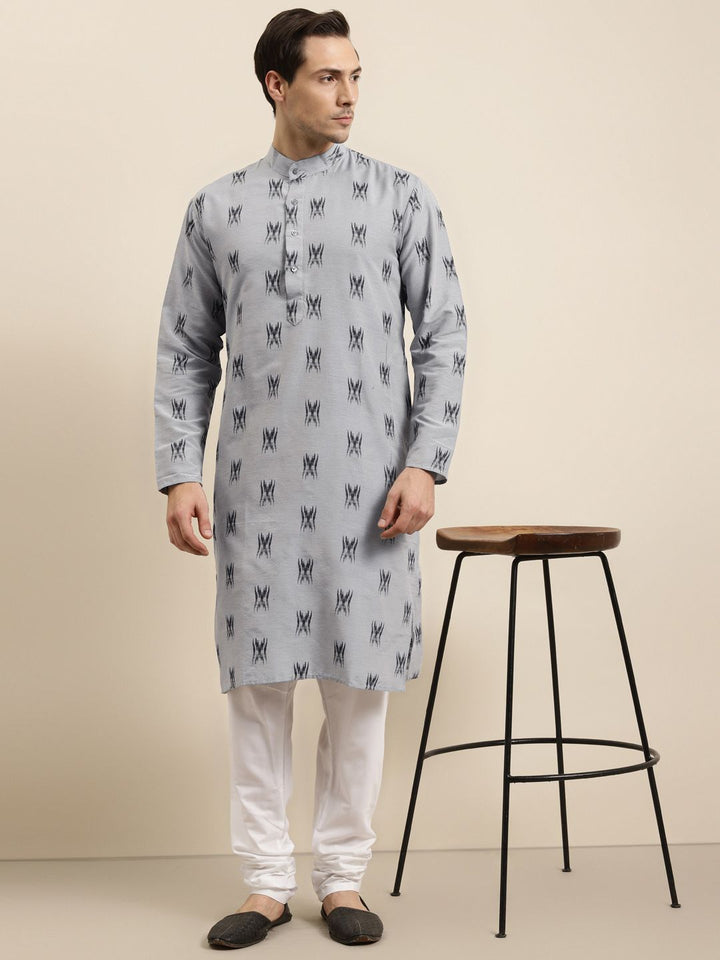 Sojanya Lelaki Grey & Black Ikat Woven Design Pure Cotton Kurta