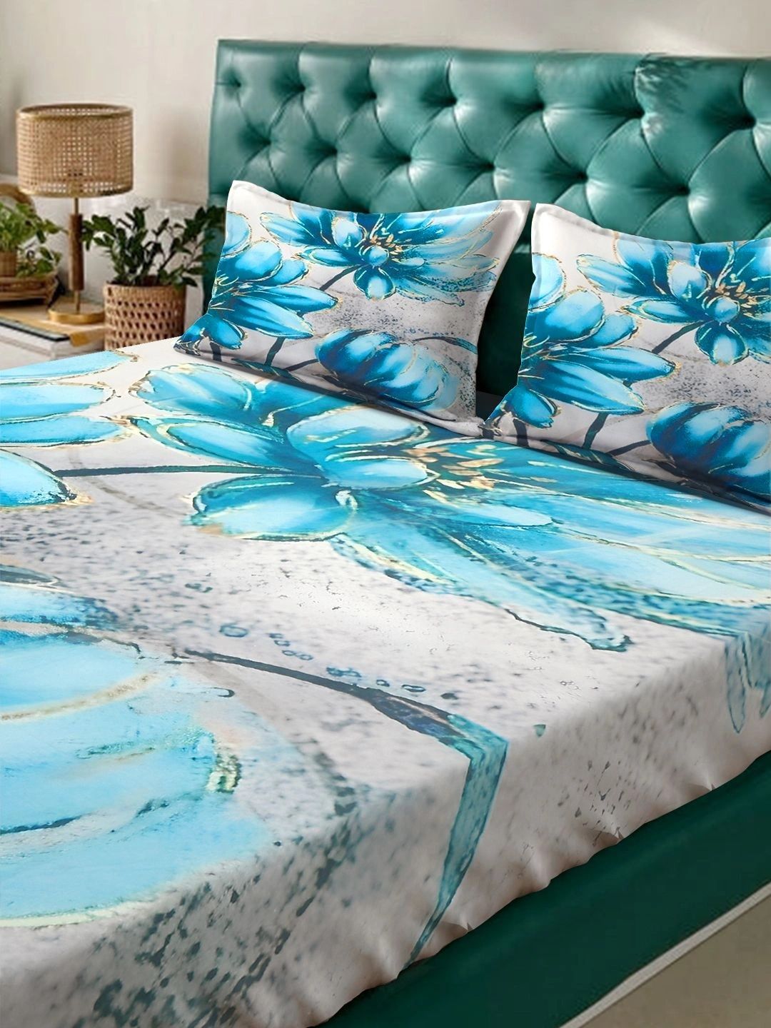 Moda Rapido X KLOTTHE Biru Turquoise & Kelabu Bunga 400 TC Cadar dengan 2 Sarung Bantal