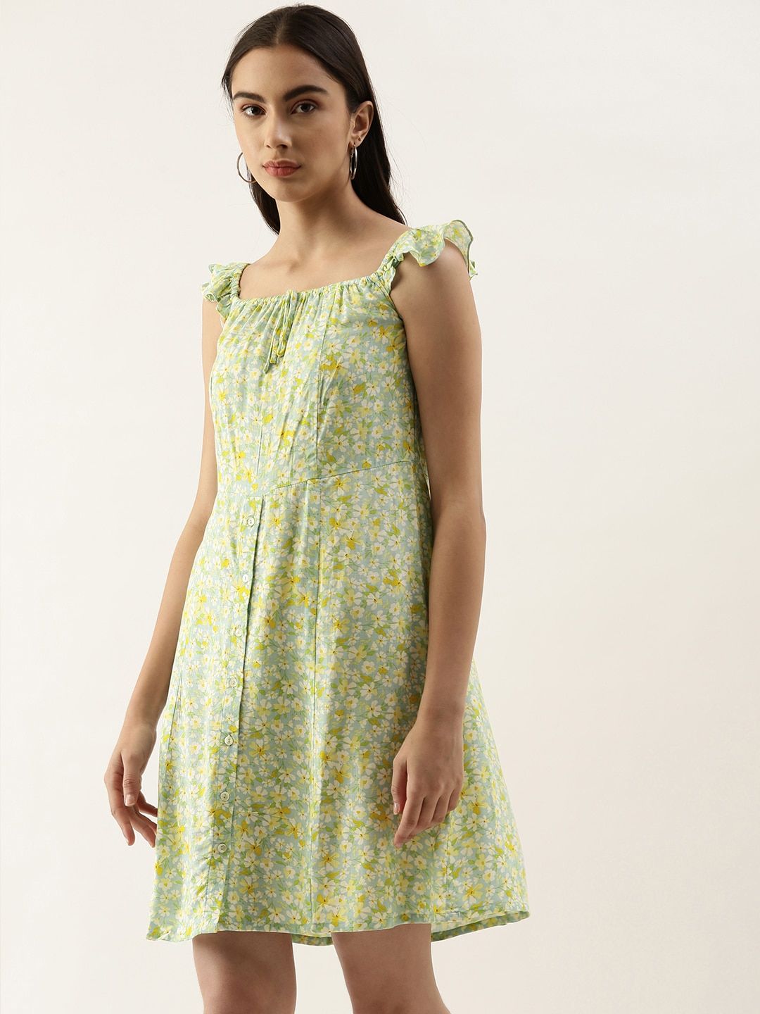 AND Green Floral Printed A-Line Dress