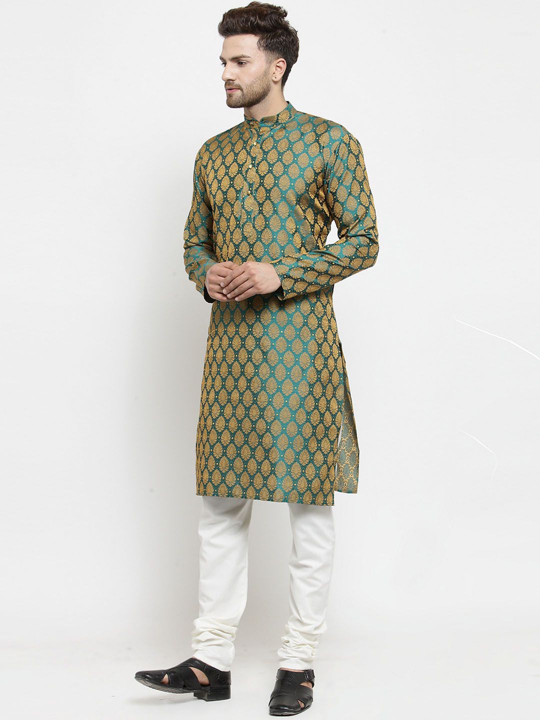 Jompers Men Green & White Woven Design Kurta with Churidar