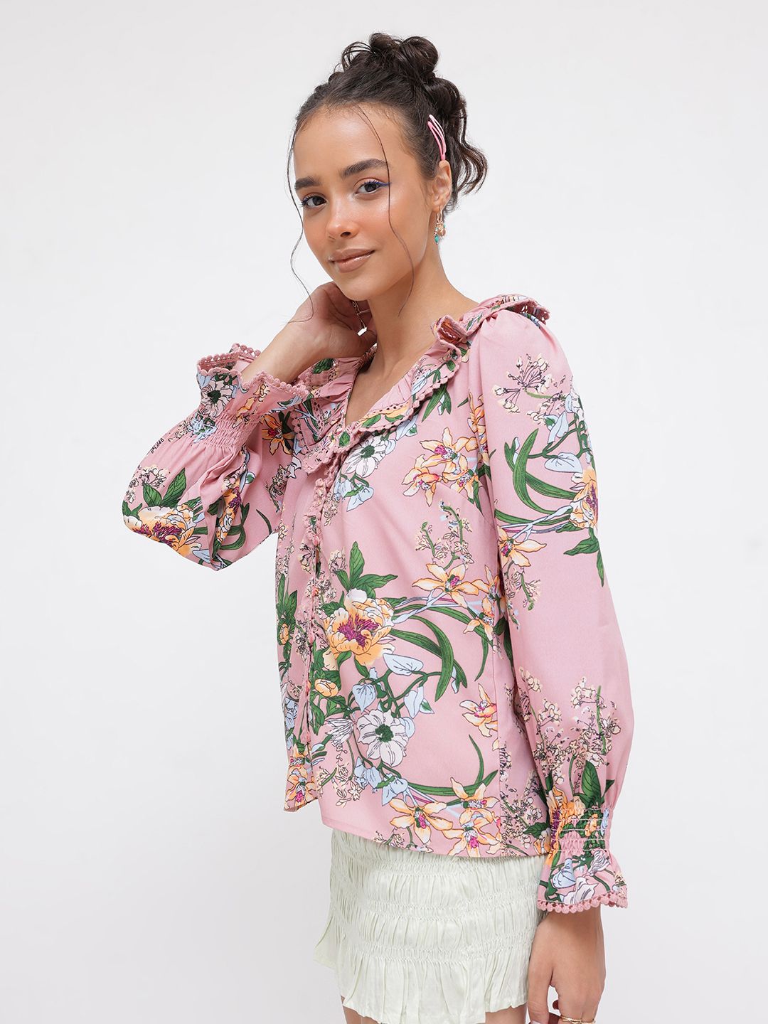 DressBerry Floral Trope Bishop Sleeve Shirt Style Top