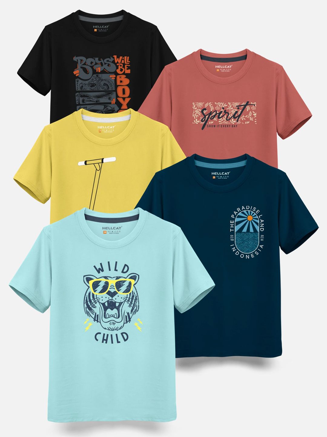 HELLCAT Boys Pack Of 5 Round Neck Graphic Printed Cotton T-shirt