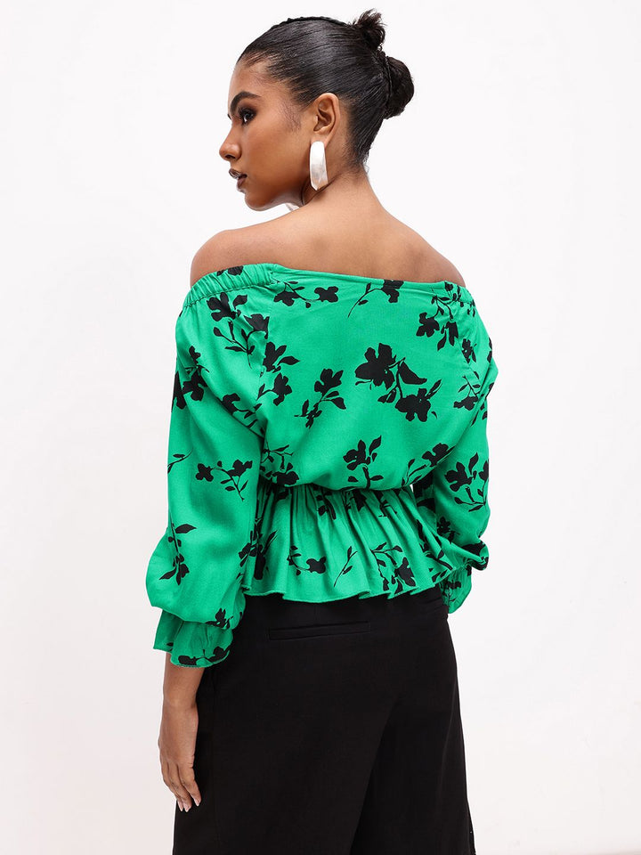 DressBerry leafy Floral Print Off-Shoulder A-Line Top