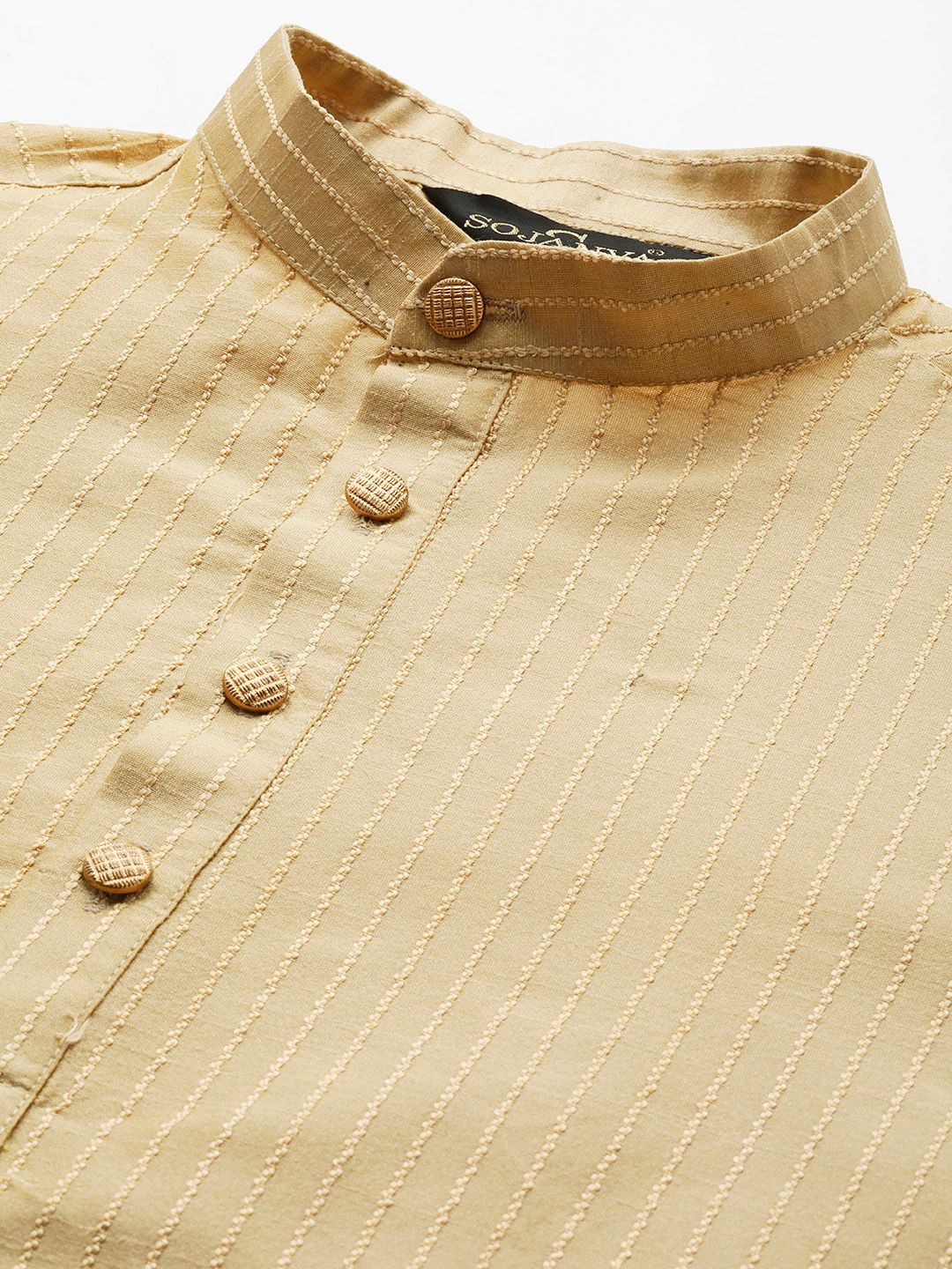 SOJANYA Lelaki Beige Striped Thread Work Straight Kurta Churidar dengan Tenunan Jaket Nehru