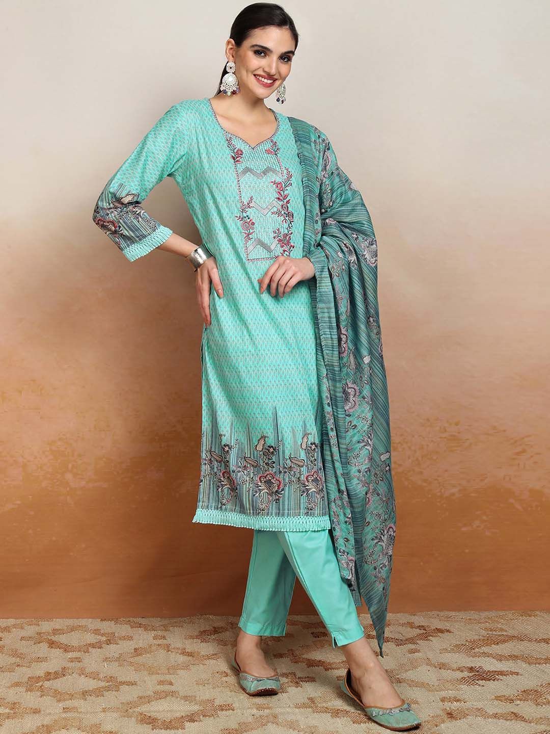 Vishudh  Ethnic Motifs Embroidered Pure Cotton Straight Kurta & Trousers With Dupatta