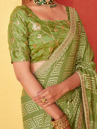 Saree mall Green Bandhani Printed Embroidered Poly Chiffon Saree