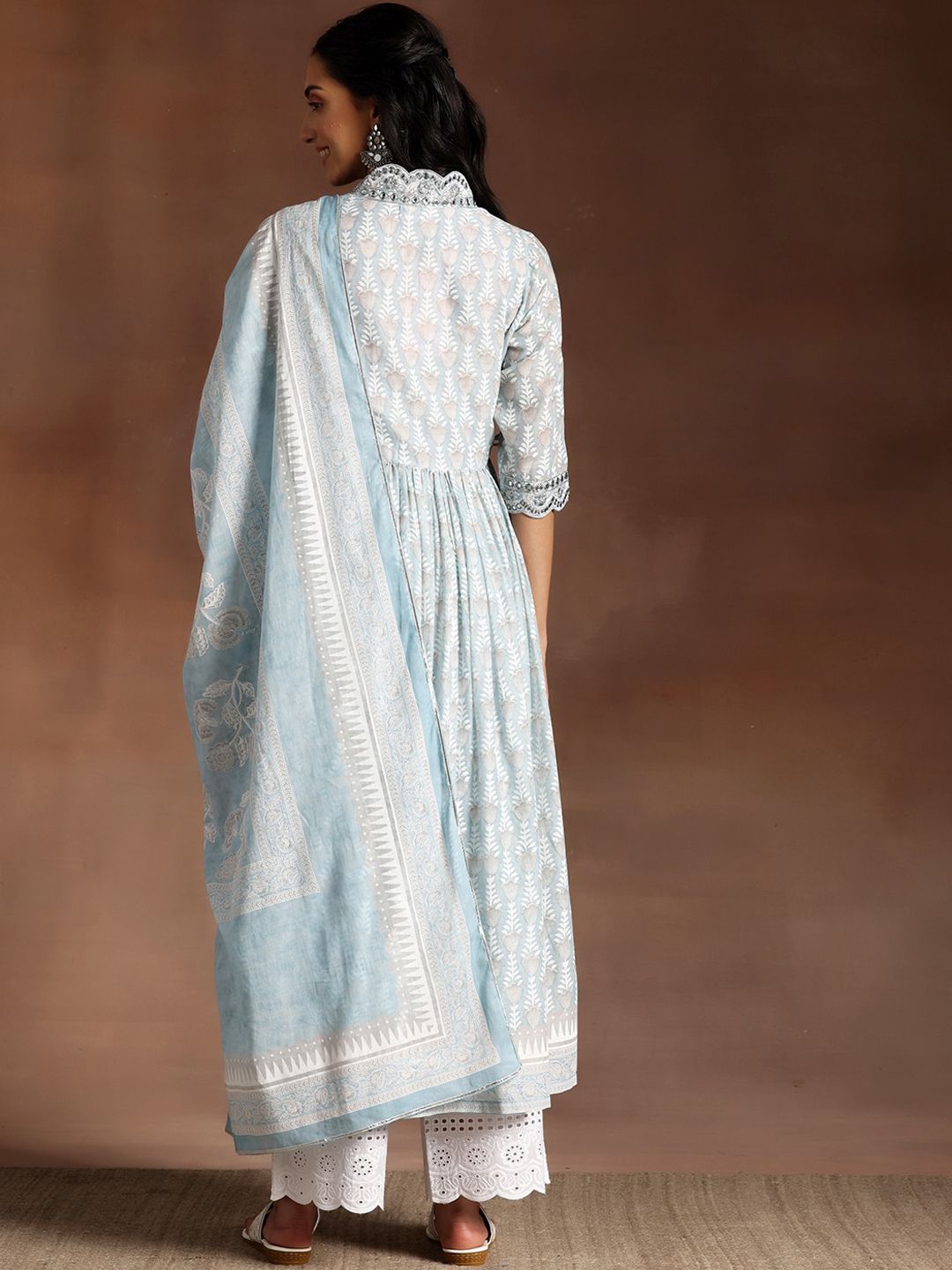 Libas Grey Floral Printed V-Neck Flared Pure Cotton A-Line Kurta With Palazzos & Dupatta