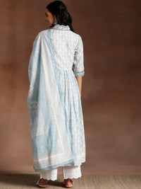 Libas Grey Floral Printed V-Neck Flared Pure Cotton A-Line Kurta With Palazzos & Dupatta