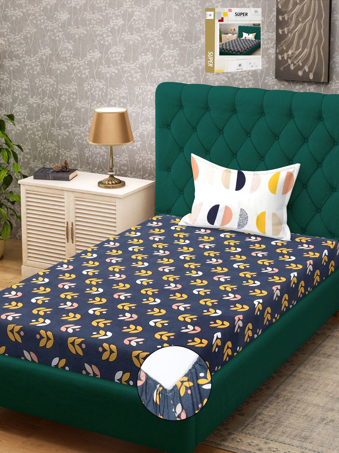 KLOTTHE Dazzle Blue Leaf Cotton 300 TC Fitted Single Bedsheet with a Pillow Cover-89 x 59 inches