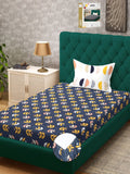 KLOTTHE Dazzle Blue Leaf Cotton 300 TC Fitted Single Bedsheet with a Pillow Cover-89 x 59 inches