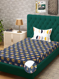 KLOTTHE Dazzle Blue Leaf Cotton 300 TC Fitted Single Bedsheet with a Pillow Cover-89 x 59 inches