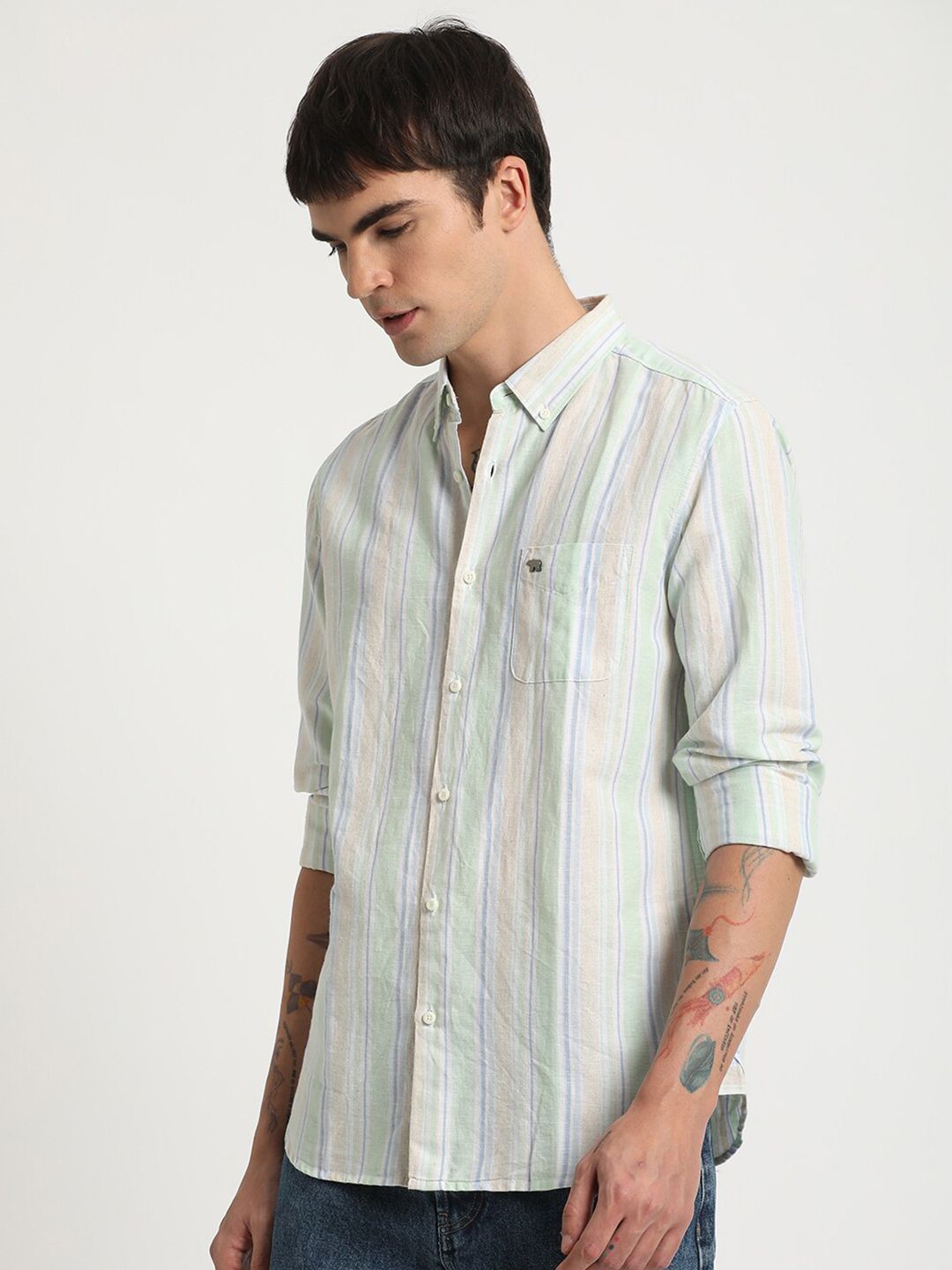 THE BEAR HOUSE Slim Fit Vertical Stripes Button-Down Collar Cotton Casual Shirt