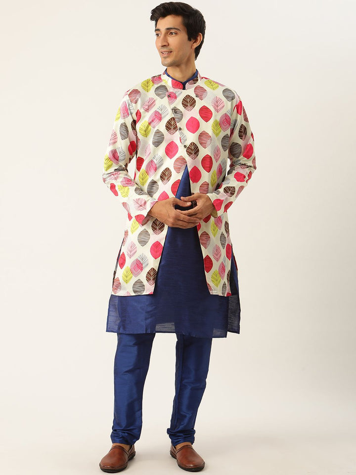 SOJANYA Lelaki Kurta Solid Biru Laut & Putih dengan Pijama & Jaket