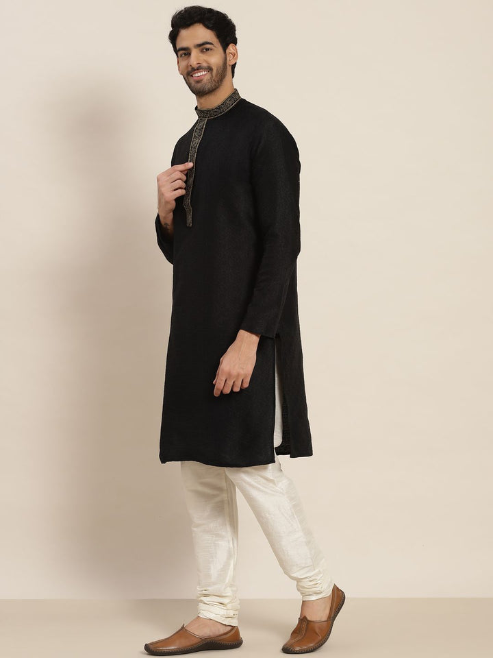 SOJANYA Men Black Ethnic Motifs Yoke Design Jacquard Kurta