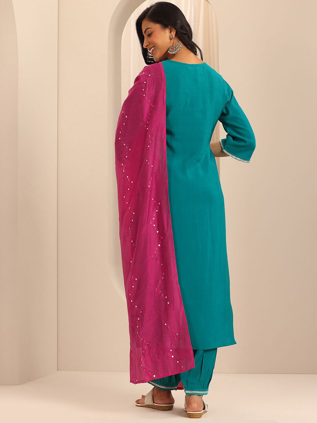 Gerua By Libas Floral Yoke Design Sequinned V-Neck Straight Kurta With Salwar & Dupatta