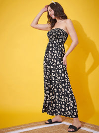 Berrylush Black Anima Printed Strapless Sleeveless Wide Leg Smocked Basic Jumpsuit
